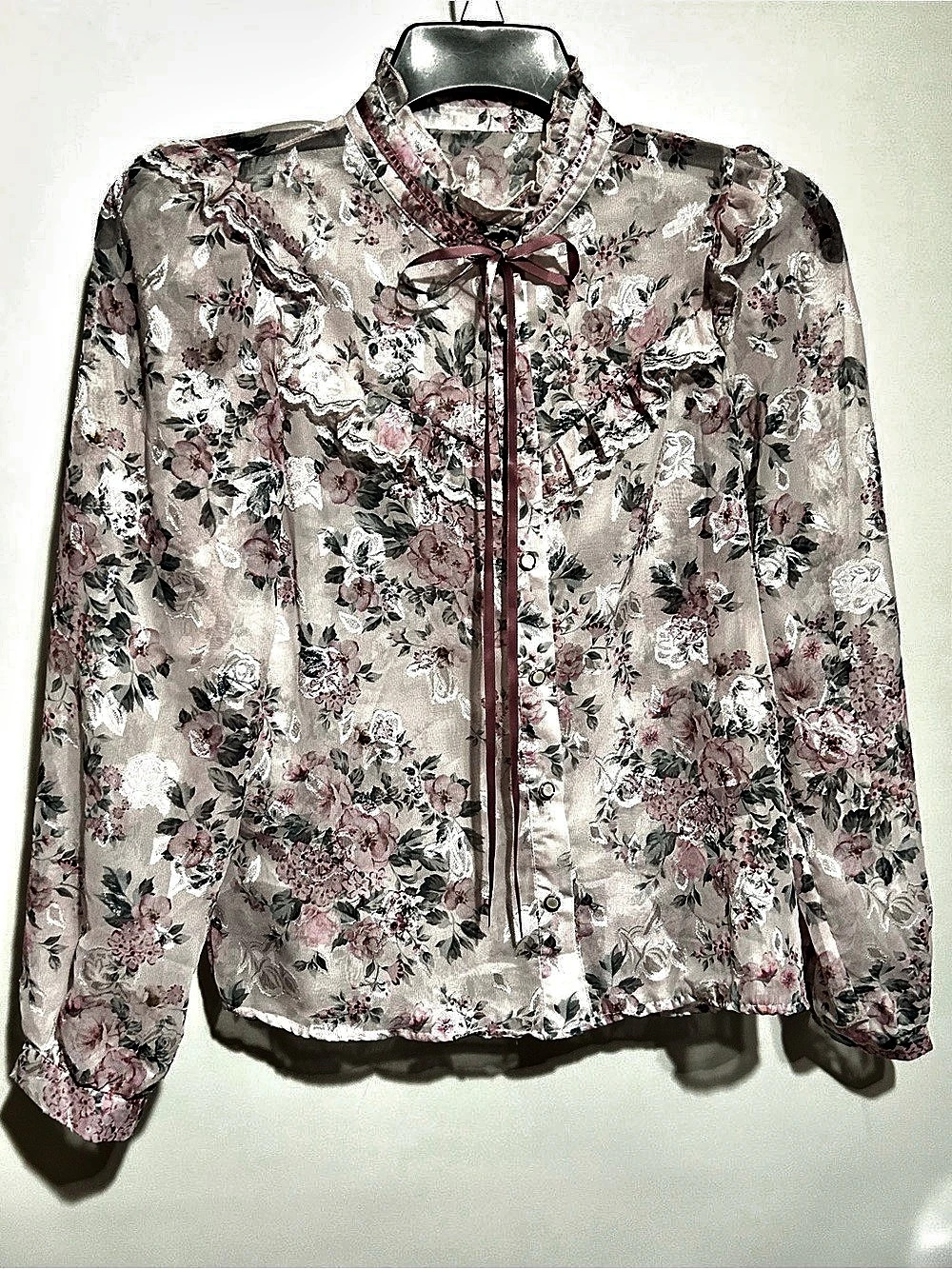 Sheer Floral Ruffle Blouse in Pink Size Medium